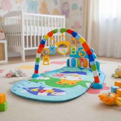 Tapis d'éveil bébé avec piano à pédales et jouets suspendus