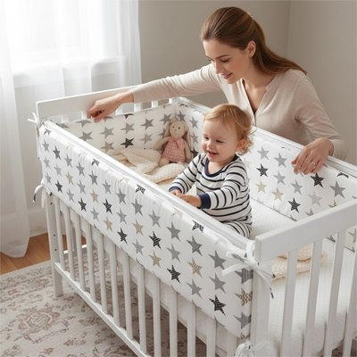 Tour de lit bébé motif étoiles nordiques, oreiller de protection épais avec fermeture éclair, confortable et sécurisé, 200x30 cm.